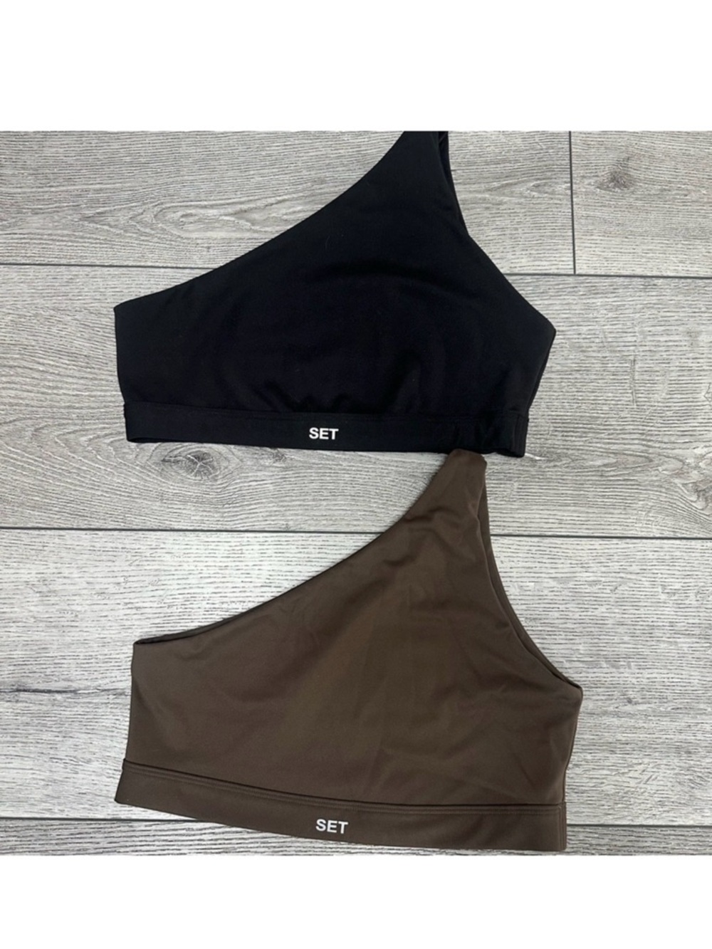 SET One-Shoulder Sports Bra Duo in Black & Brown